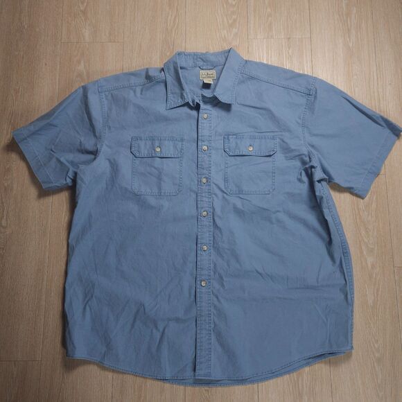 LL Bean Sunwashed Canvas Shirt Mens XXL Blue Short Sleeve Chore Workwear - Picture 1 of 7